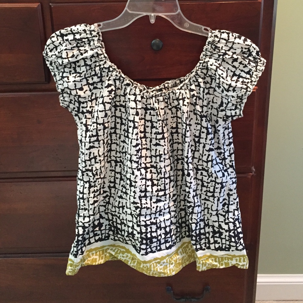 J. Crew Black and White Printed Peasant Top with Yellow Trim
